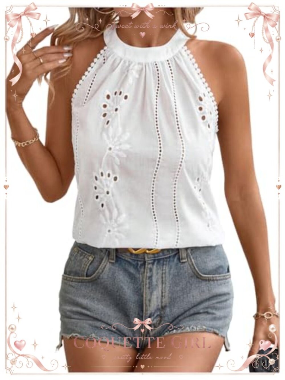 Eyelet Embroidery Lace Trim Sleeveless Halter Blouse Summer Top